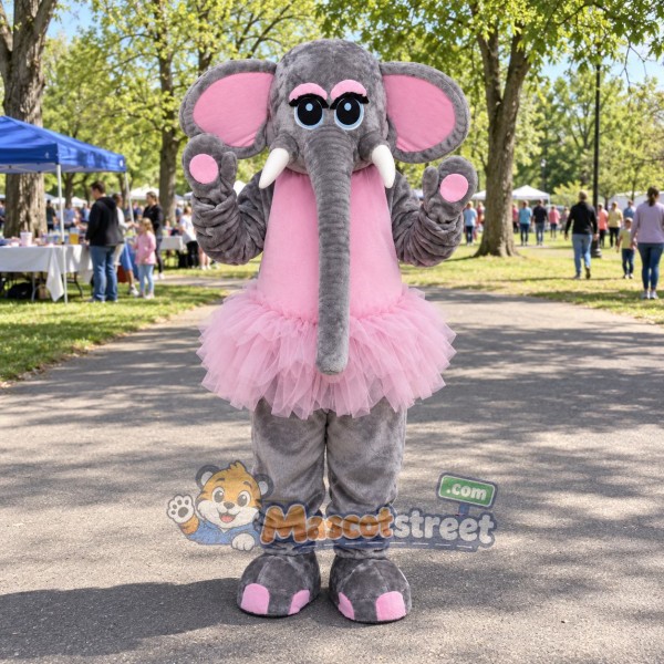 Gray Elephant Mascot Costume with Pink Tutu and Pink Scarf