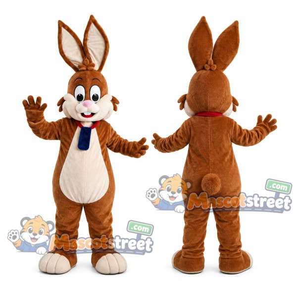 Brown Rabbit Mascot Costume with Blue Bow Tie