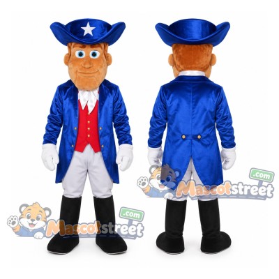 Colonial Man Mascot Costume with Blue Coat, White Trousers and Blue Tricorn Hat Colonial Man Mascot Costume with Blue Coat, White Trousers and Blue Tricorn Hat