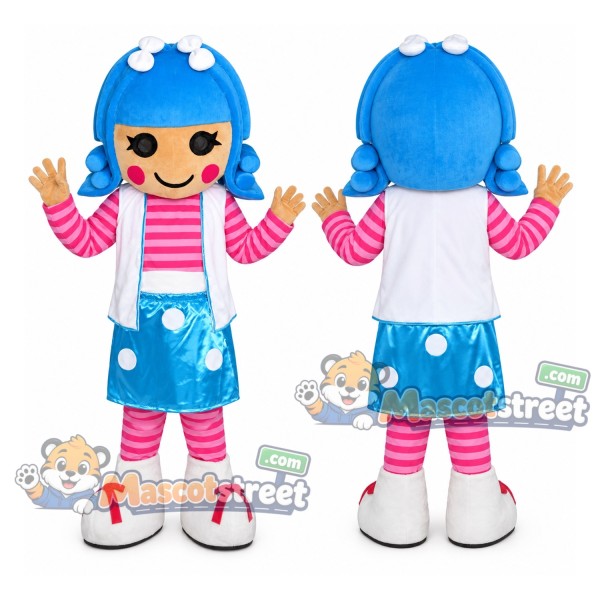 Blue Haired Doll Mascot Costume with Striped Shirt and Blue Skirt
