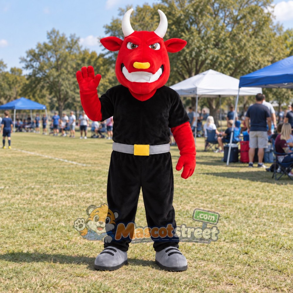 Red Bull Mascot Costume with Black Shirt and Black Trousers