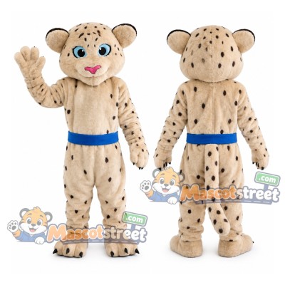 Tan Spotted Leopard Mascot Costume with Blue Belt Tan Spotted Leopard Mascot Costume with Blue Belt