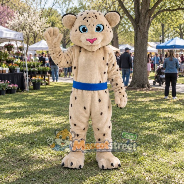 Tan Spotted Leopard Mascot Costume with Blue Belt