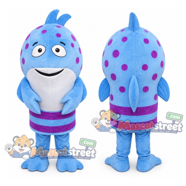 Blue Fish Mascot Costume with Purple Striped Shorts