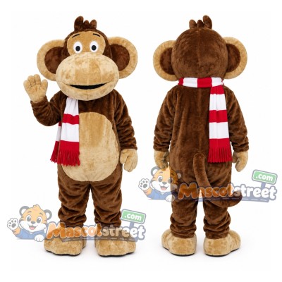Brown Monkey Mascot Costume with Red and White Scarf