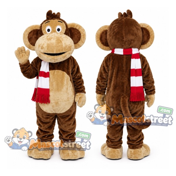 Brown Monkey Mascot Costume with Red and White Scarf