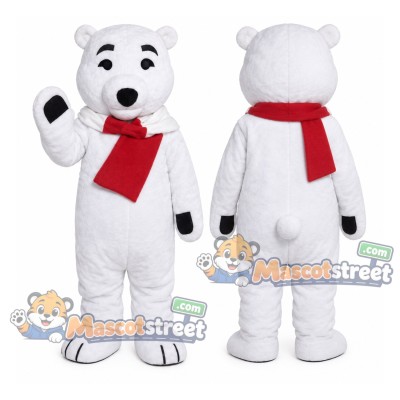 White Polar Bear Mascot Costume with Red Scarf