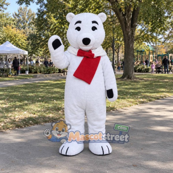 White Polar Bear Mascot Costume with Red Scarf