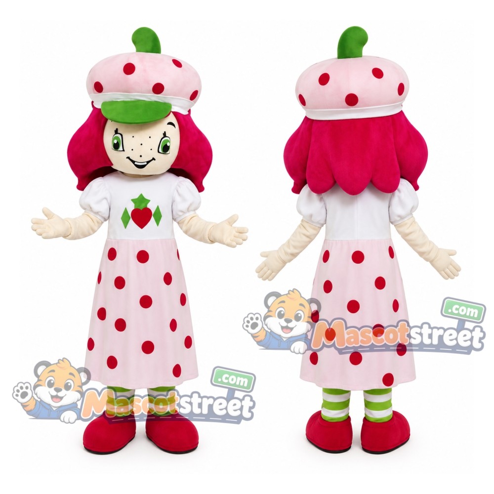 Strawberry Girl Mascot Costume with White Polka Dot Dress and Strawberry Hat