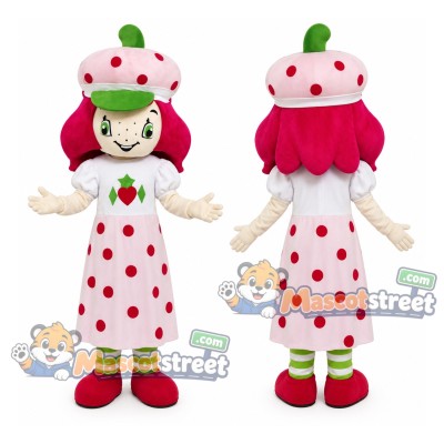Strawberry Girl Mascot Costume with White Polka Dot Dress and Strawberry Hat