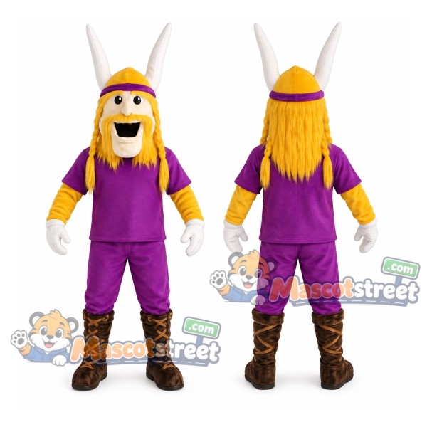 Viking Mascot Costume with Purple Uniform and Horned Helmet