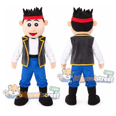 Pirate Boy Mascot Costume with Black Vest, Blue Trousers and Red Headband