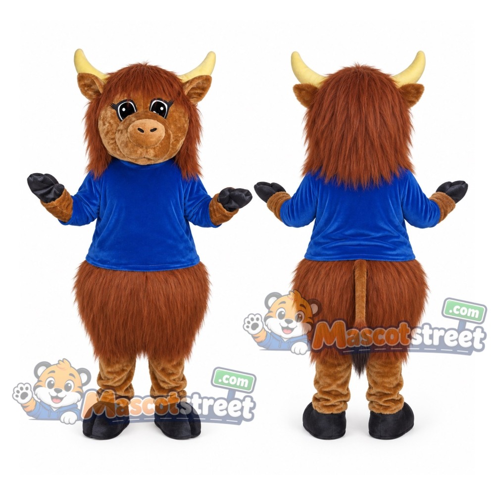 Brown Highland Cow Mascot Costume with Blue Shirt