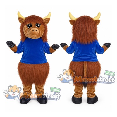 Brown Highland Cow Mascot Costume with Blue Shirt