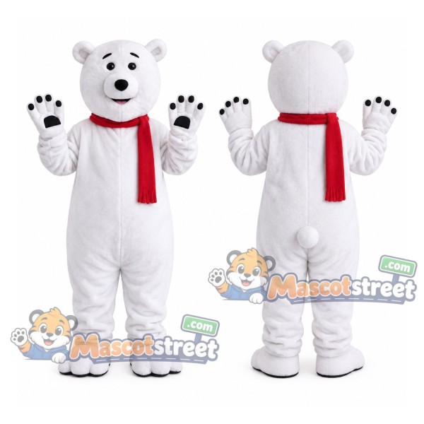 White Polar Bear Mascot Costume with Red Scarf