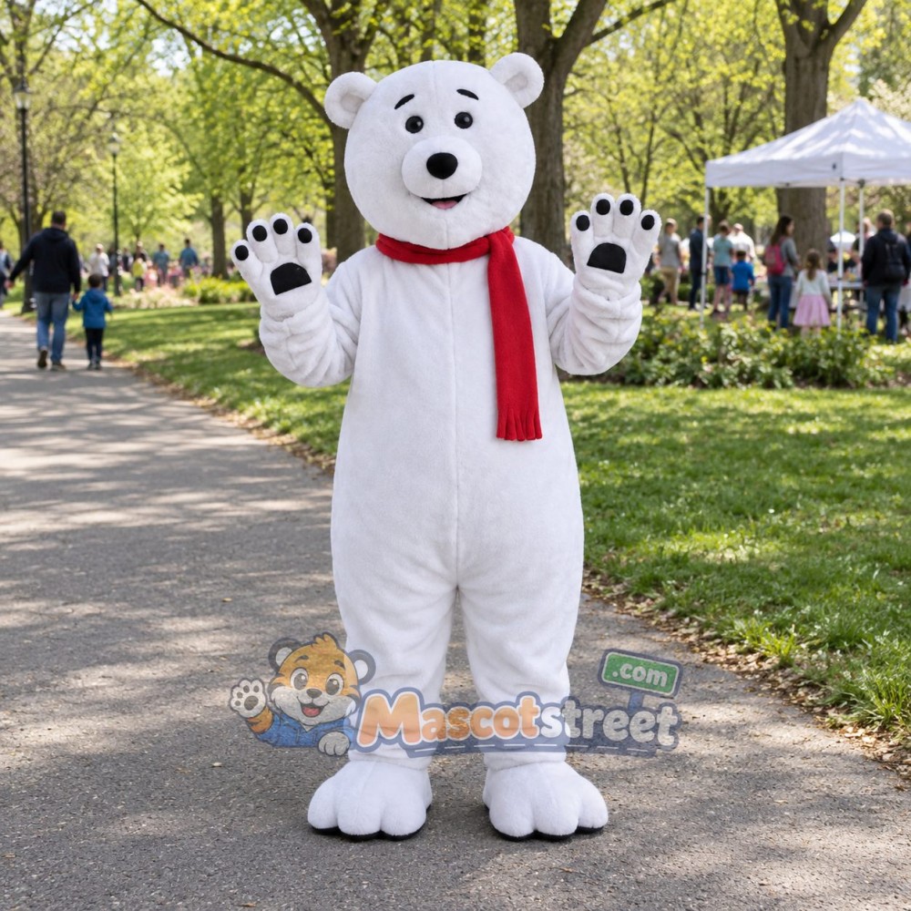 White Polar Bear Mascot Costume with Red Scarf White Polar Bear Mascot Costume with Red Scarf