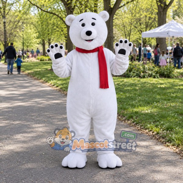 White Polar Bear Mascot Costume with Red Scarf