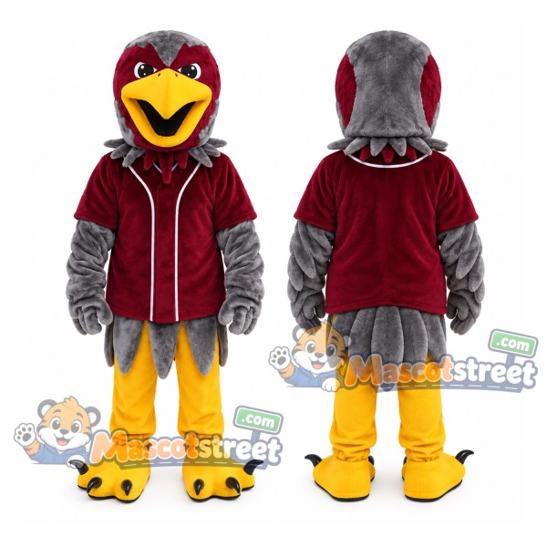 Gray Bird Mascot Costume with Burgundy Jacket
