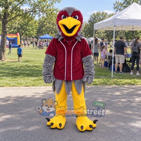 Gray Bird Mascot Costume with Burgundy Jacket