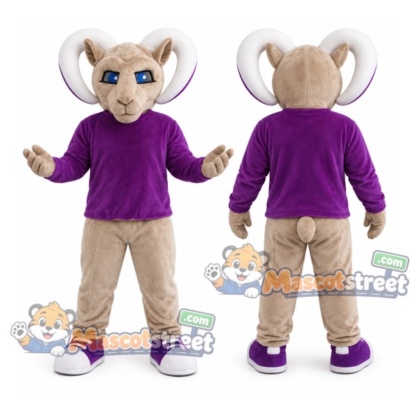 Tan Ram Mascot Costume with Purple Sweater and Tan Trousers