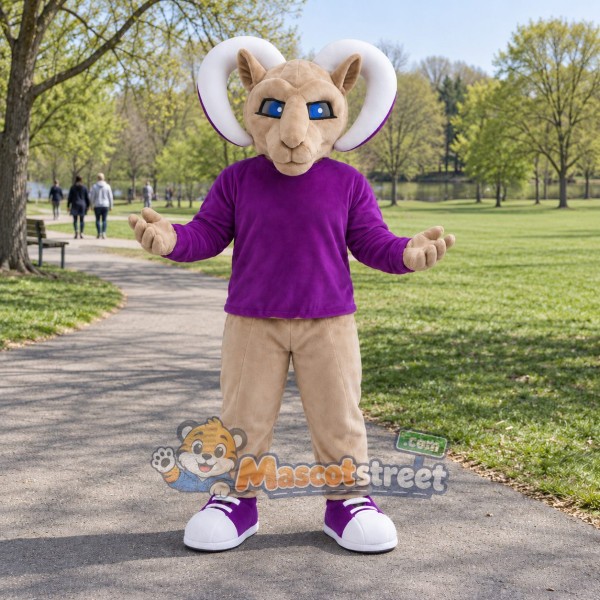 Tan Ram Mascot Costume with Purple Sweater and Tan Trousers
