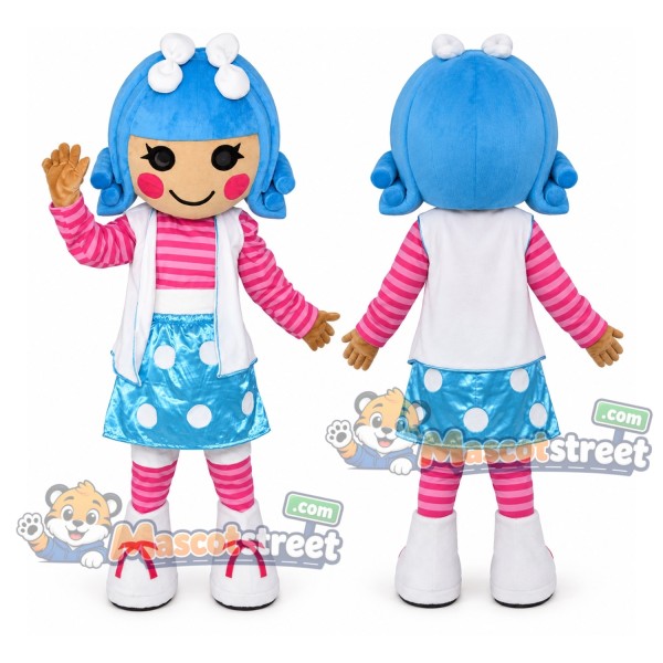 Blue Haired Doll Mascot Costume with Striped Shirt and Blue Skirt