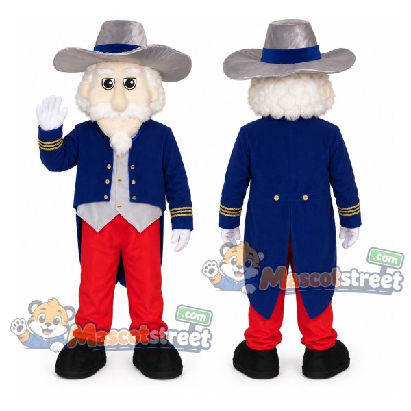Colonial Man Mascot Costume with Blue Coat, Red Trousers and Gray Hat