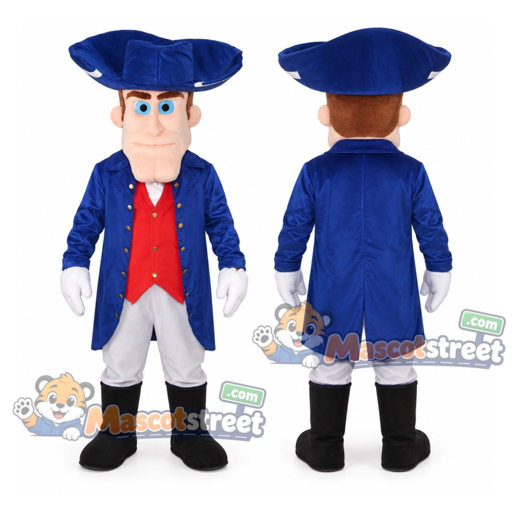 Colonial Man Mascot Costume with Blue Coat, White Trousers and Tricorn Hat Colonial Man Mascot Costume with Blue Coat, White Trousers and Tricorn Hat