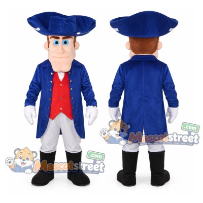 Colonial Man Mascot Costume with Blue Coat, White Trousers and Tricorn Hat Colonial Man Mascot Costume with Blue Coat, White Trousers and Tricorn Hat