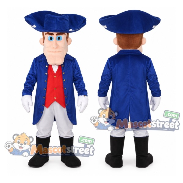 Colonial Man Mascot Costume with Blue Coat, White Trousers and Tricorn Hat