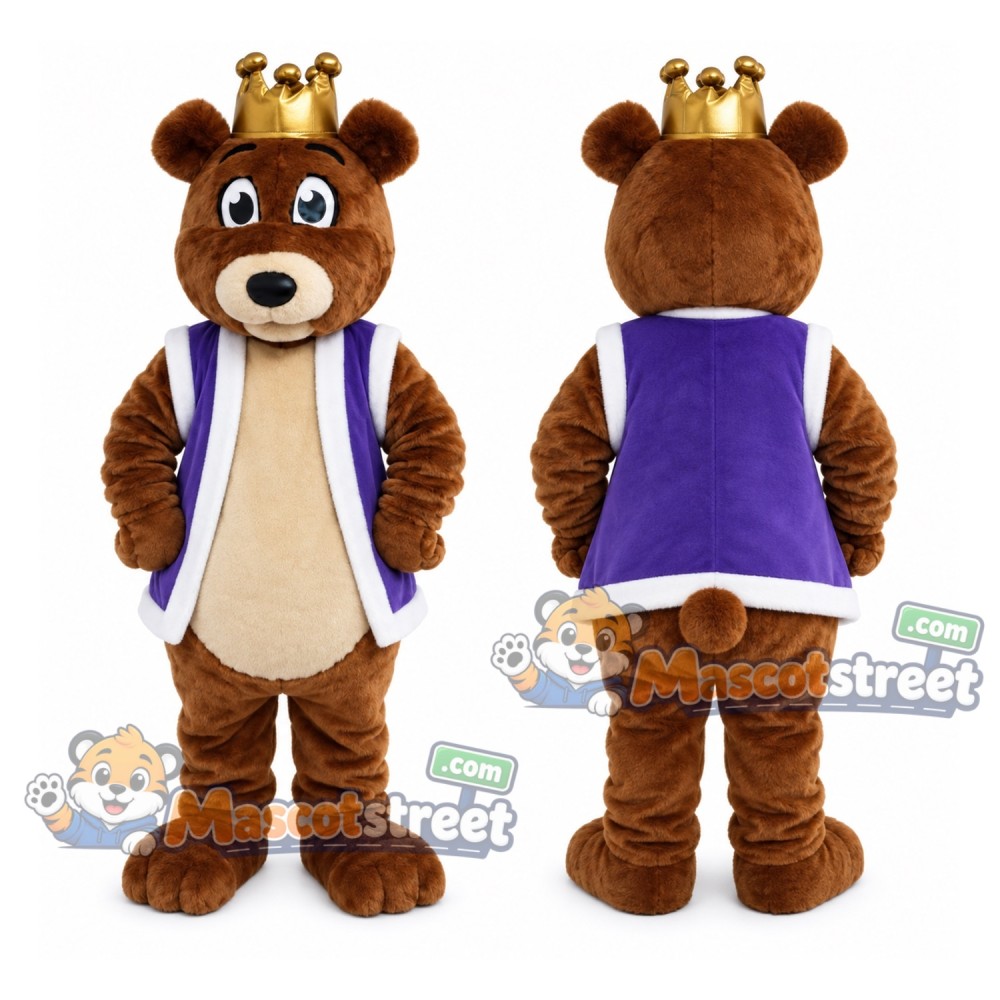 Brown Bear Mascot Costume with Purple Vest and Crown Brown Bear Mascot Costume with Purple Vest and Crown