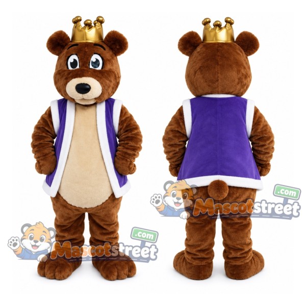 Brown Bear Mascot Costume with Purple Vest and Crown