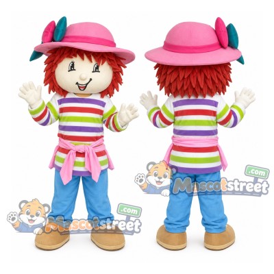 Girl Mascot Costume with Striped Shirt, Blue Trousers and Pink Hat