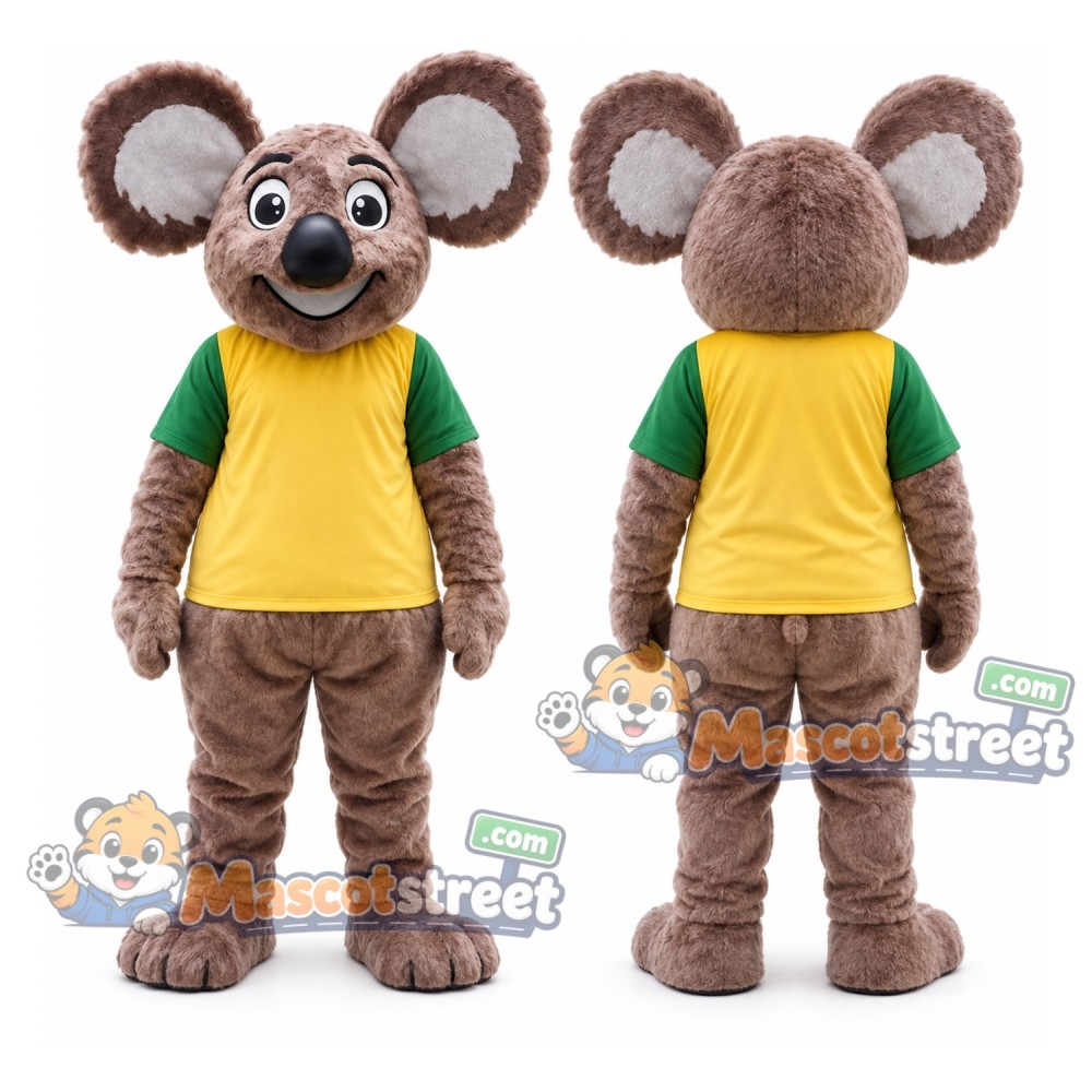 Brown Koala Mascot Costume with Yellow Shirt and Green Sleeves Brown Koala Mascot Costume with Yellow Shirt and Green Sleeves