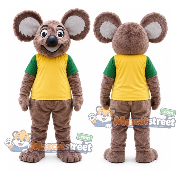 Brown Koala Mascot Costume with Yellow Shirt and Green Sleeves