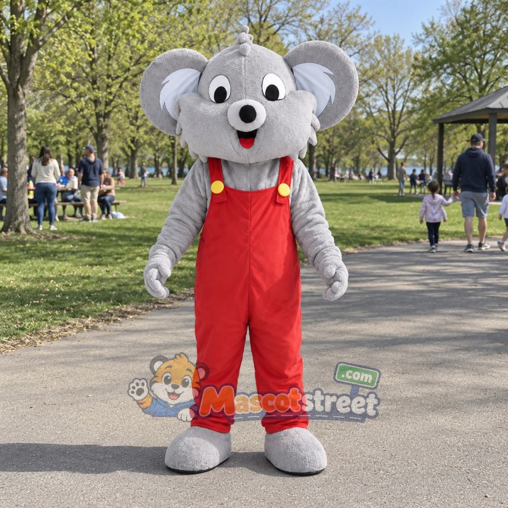 Gray Koala Mascot Costume with Red Overalls Gray Koala Mascot Costume with Red Overalls