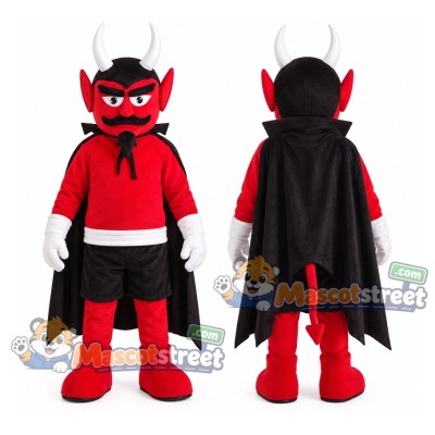 Red Devil Mascot Costume with Red Shirt, Black Shorts and Black Cape