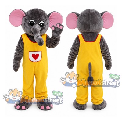 Gray Elephant Mascot Costume with Yellow Overalls Gray Elephant Mascot Costume with Yellow Overalls