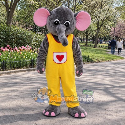Gray Elephant Mascot Costume with Yellow Overalls Gray Elephant Mascot Costume with Yellow Overalls