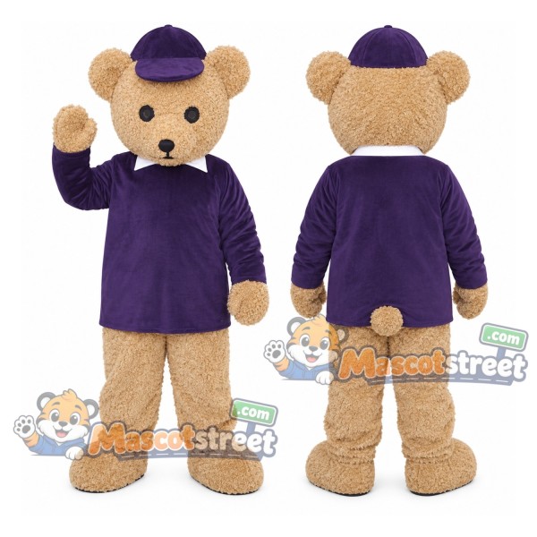 Tan Bear Mascot Costume with Purple Shirt and Purple Cap