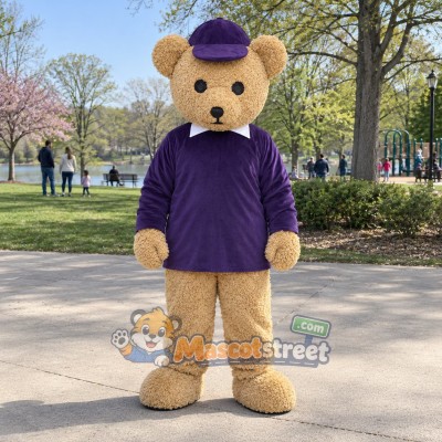 Tan Bear Mascot Costume with Purple Shirt and Purple Cap