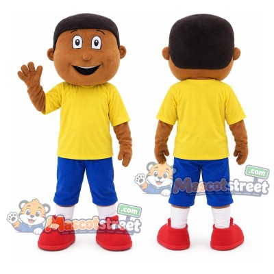 Boy Mascot Costume with Yellow Shirt and Blue Shorts Boy Mascot Costume with Yellow Shirt and Blue Shorts