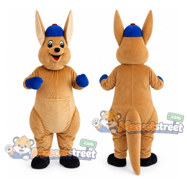Tan Kangaroo Mascot Costume with Blue Cap