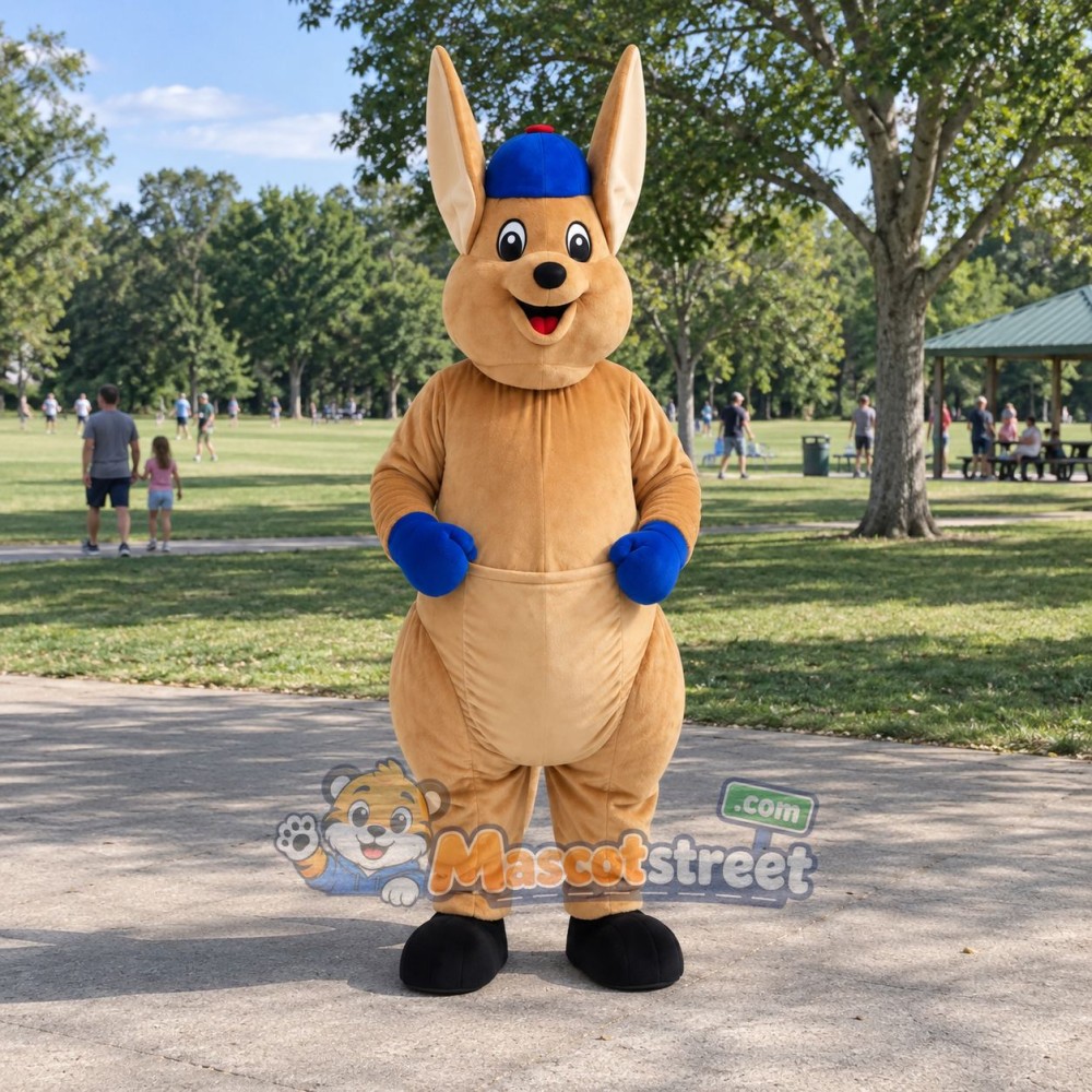 Tan Kangaroo Mascot Costume with Blue Cap