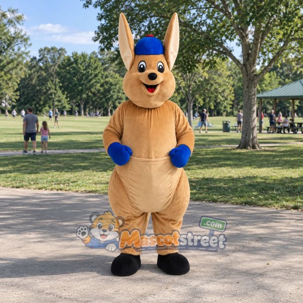 Tan Kangaroo Mascot Costume with Blue Cap
