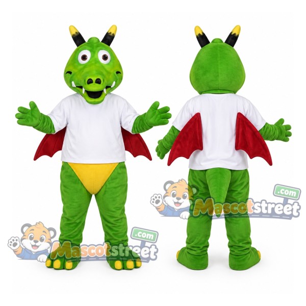 Green Dragon Mascot Costume with White Shirt and Yellow Shorts