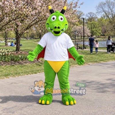 Green Dragon Mascot Costume with White Shirt and Yellow Shorts Green Dragon Mascot Costume with White Shirt and Yellow Shorts