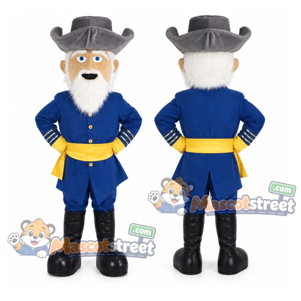 Bearded Man Mascot Costume with Blue Uniform and Gray Hat Bearded Man Mascot Costume with Blue Uniform and Gray Hat