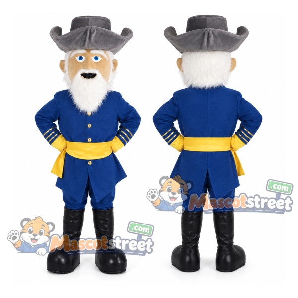 Bearded Man Mascot Costume with Blue Uniform and Gray Hat