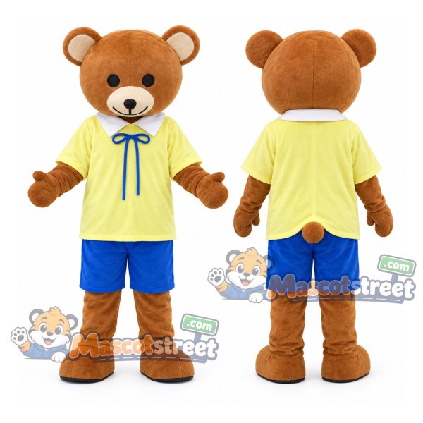 Brown Bear Mascot Costume with Yellow Shirt and Blue Shorts